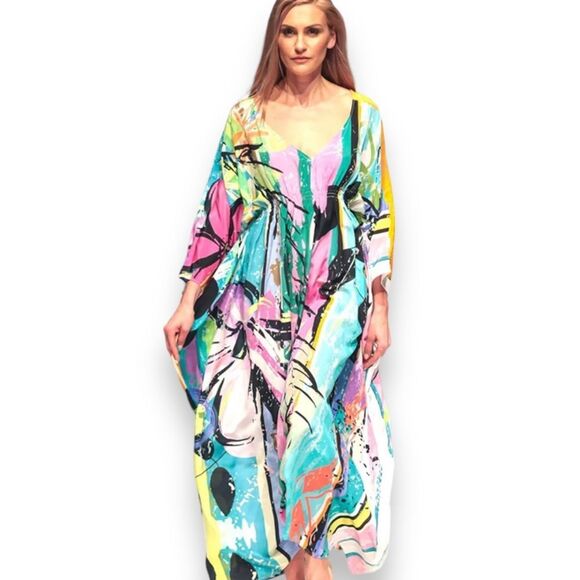 V Neck Multicolor Abstract Cotton Long Kaftan Dress Cover Up - NEW - Picture 2 of 4